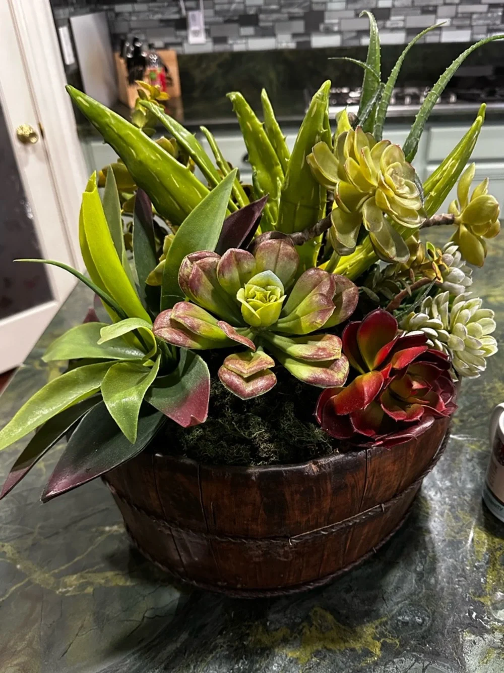 Succulent Barrel Arrangement -Green & Red Large rustic wood barrel planter 15x16